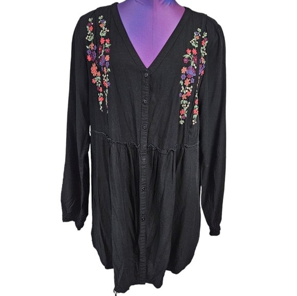Fresco Nomadic Traders Black Floral Embroidered Peasant Top Size Large Women A98 - Picture 8 of 8